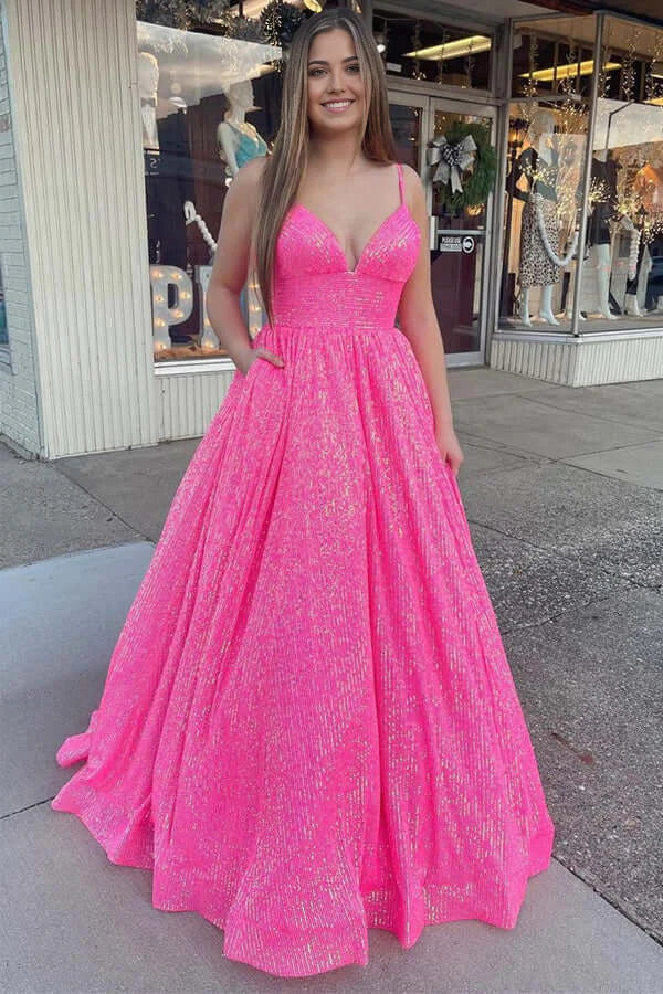 Vestidos de fiesta con escote en V, tirantes finos y corte A con bolsillos